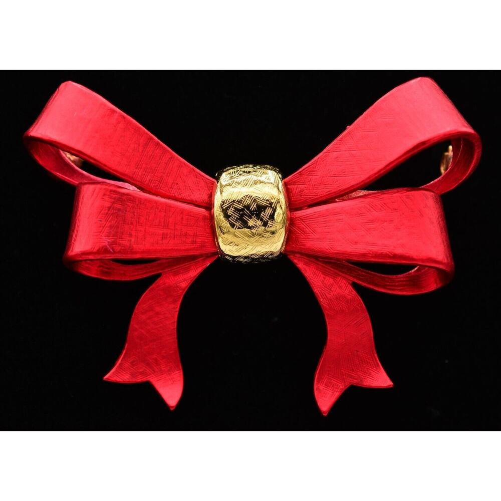 Atwood Sawyer Vintage Bow Pin Brooch Christmas Gold Matte Red AS Signed BinAQ